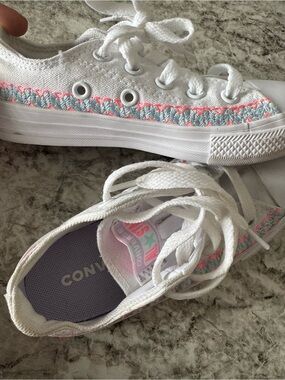 Converse White Low-Top Sneakers with Pink & Teal Trim